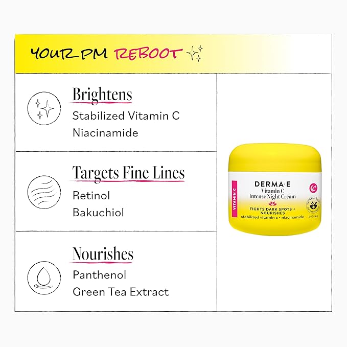 DERMA-E Vitamin C Intense Night Cream, 2 Oz, Brightening and Hydrating Facial Skin Renewing Cream, Anti-Aging Overnight Face Moisturizer for Skincare and Youthful Radiance