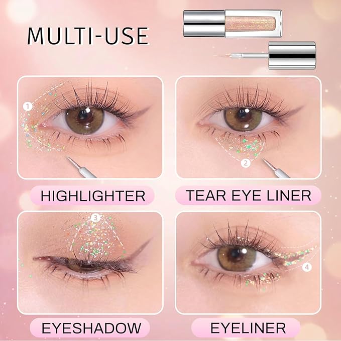 Erinde Liquid Glitter Eyeshadow Eyeliner, Metallic Shimmer Glitter Eyeshadow Liner, High Pigment Colored Eyeliner, Waterproof Long Lasting Sparkle Eye Makeup for Women, Silvery Pink