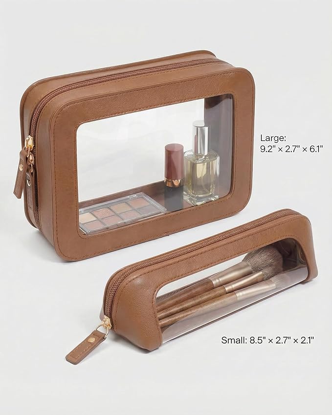 LETGO Clear Makeup Bag Set - Travel Toiletry Organizer for Women, Waterproof Cosmetic Pouch & Car Accessory for Travel Size Lipstick Case Pouch Car Organizer and Storage (2Pack-Standard&Slim, Brown)