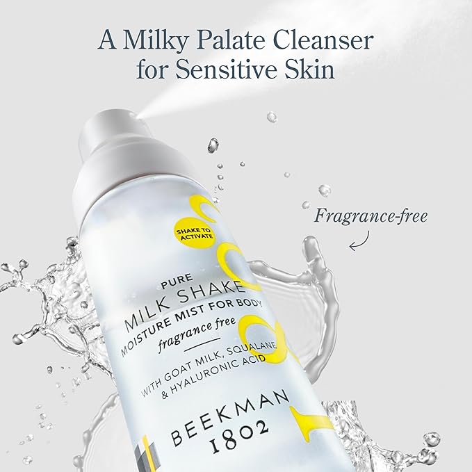Beekman 1802 Milk Shake Hydrating Body Mist – Alcohol-Free Moisture with Goat Milk, Hyaluronic Acid & Squalane, Lightweight Skin Softening Spray for Sensitive Skin – Pure, 4.7 Fl Oz