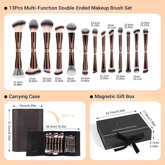 MAANGE Makeup Brush Set with Gift Box, Double-ended Makeup Brushes for Foundation Contour Powder Concealer Eyeshadows Blending, Makeup Tools, Mothers Day Gifts (Coffee Brown, 13 PCS)