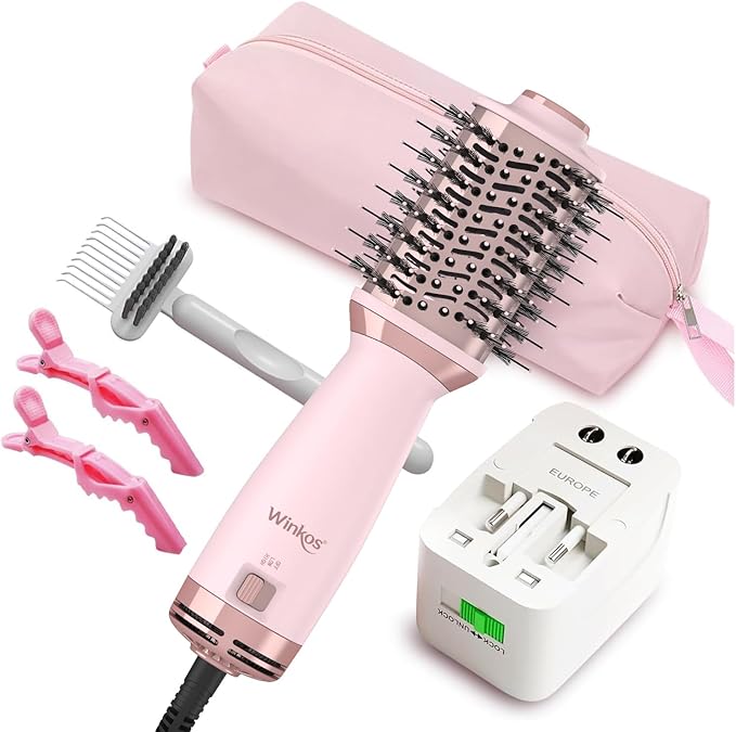 Travel Dual Voltage Hot Air Brush | 4 in 1 MIni Hair Dryer Brushes | 2 Inch Blow Dryer Brush with Storage Bag Global Adapter | One Step Volumizer Small Hair Dryer and Styler for All Hair Types