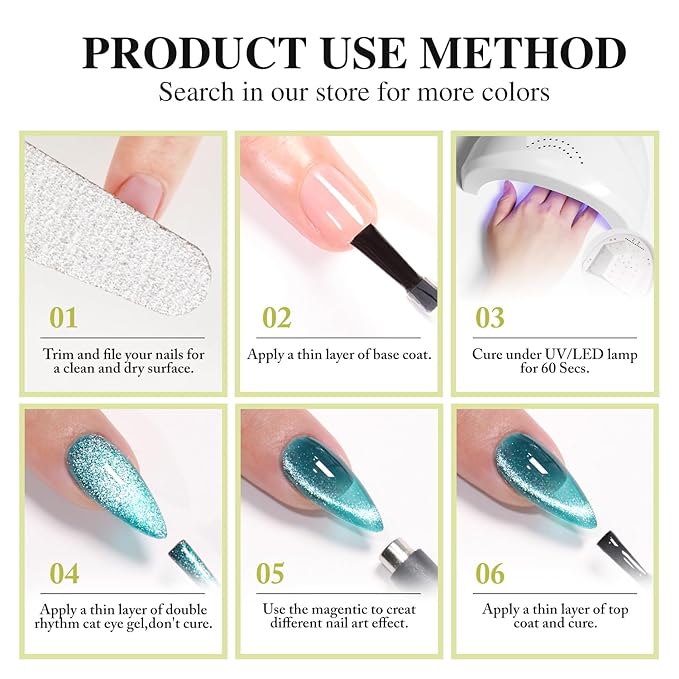 Double Rhythm 15ML Cat Eye Gel Polish with Magnet Glitter Shimmer Translucent Jelly Color 0.5 OZ Magnetic Gel Polish Salon DIY at Home (Green-MC1068)