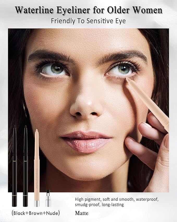 Black+Brown+Nude Waterline Eyeliner Pencil, Cream Gel Eye Liner Pencils for Older Women, Waterproof Smudge-Proof Retractable Eyeliner Pen, Long Lasting, Water Line Eye Liner for Sensitive Eyes-3Pcs