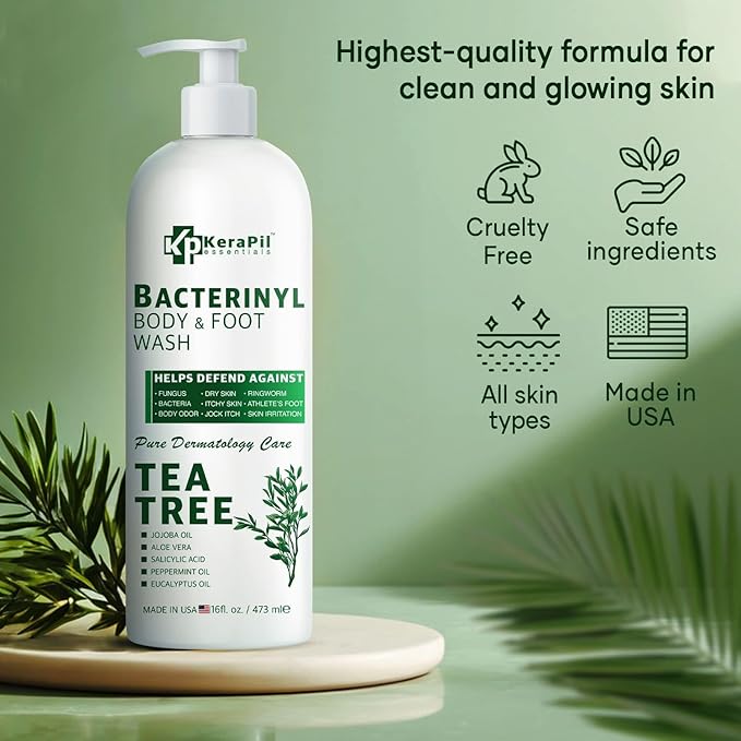 KERAPIL Bacterinyl Tea Tree Oil Body Wash - Antibacterial & Antifungal Support for Ringworm, Body Odors, Athlete’s Foot & Acne, Helps Soothe Itchy, Dry Skin - Made in USA (16 fl oz)