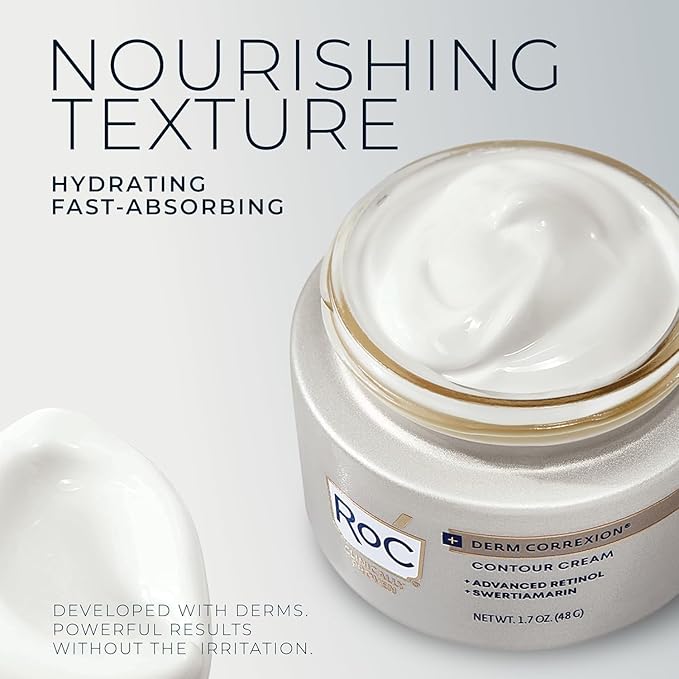 RoC Derm Correxion Neck Cream with Hyaluronic Acid + Advanced Retinol to visibly Tighten & Lift Horizontal Neck Lines, Facial Moisturizer to Contour Face (1.7 oz) with RoC Retinol Eye Packette