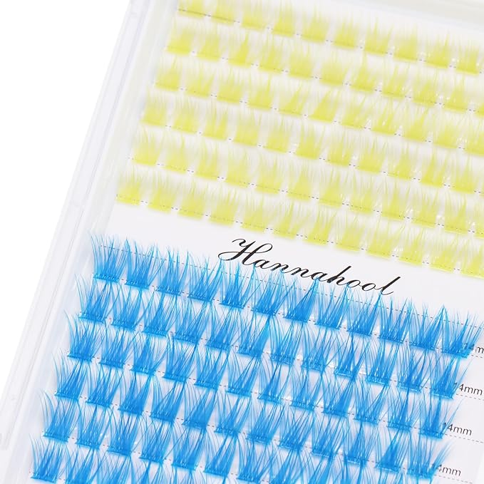 12rows-Large Tray Mixed 8-10-12-14-16mm/Mixed 14-15-16mm/Mixed14mm-16mm/Mixed 18-20mm Wide Stem Individual False Eyelashes Dramatic Black Cluster Eyelashes (T50-yellow-blue-12-14mm)
