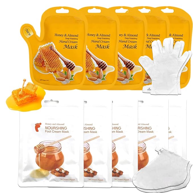 Elitzia Foot Mask Hand Mask Hydrating 10 Packs Honey Almond Extract Gloves Socks Masks Intensive Moisturizing Repairing Masks Spa Skin Care Women for Dry Cracked Hands Feet Self Care ETHHM
