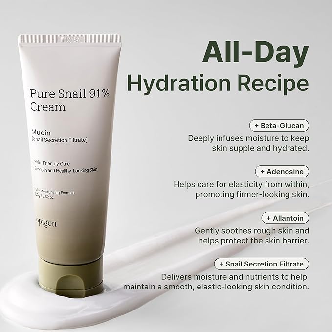 Pure Snail Mucin 91% Repair Cream for Face, Hydrating & Skin Barrier Moisturizer with Panthenol, Beta-Glucan & Hyaluronic Acid, K-Beauty 3.52 fl. oz