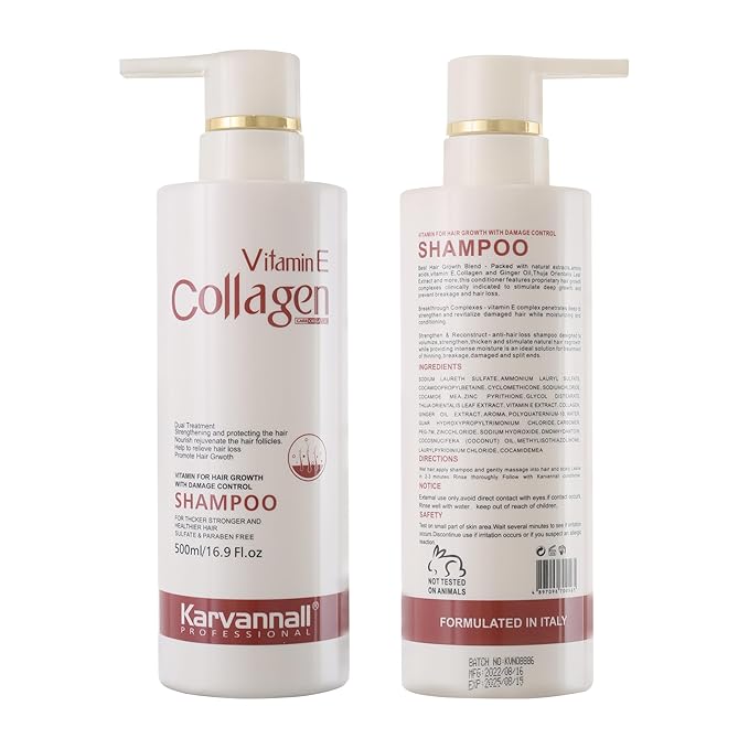 Vitamin E & Collagen Shampoo | Anti Hair Loss, Damage Repair & Growth Formula | Sulfate Free Hair Thickening Shampoo for Daily Use, All Hair Types | 500 ml / 16.9 Fl Oz