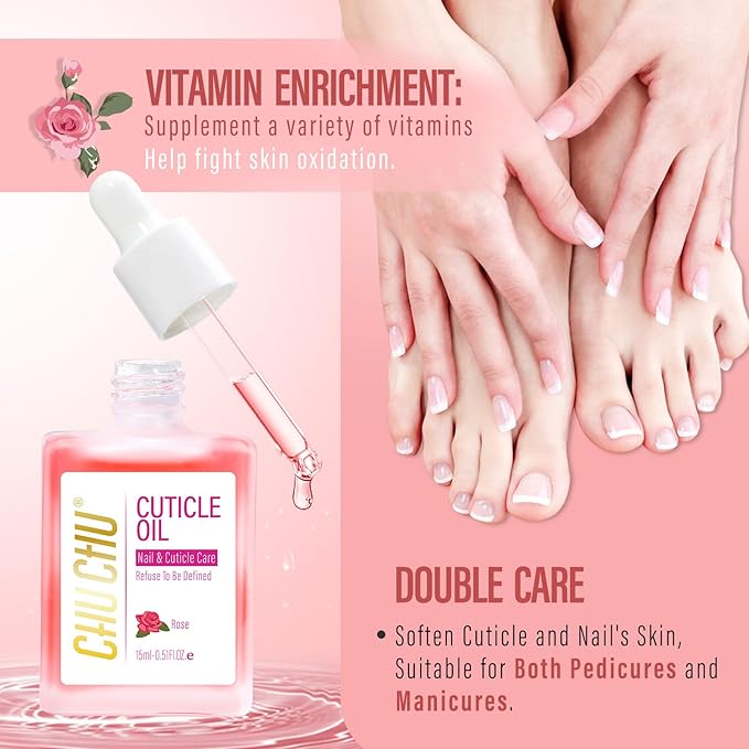 CHUCHU Vegan Cuticle Oil for Nail: Rose Scent Natural Vitamin B & E Nail Oil - Hydrates Moisturizes Repairs for Nails Damage Dry Cuticle 0.51 Fl Oz