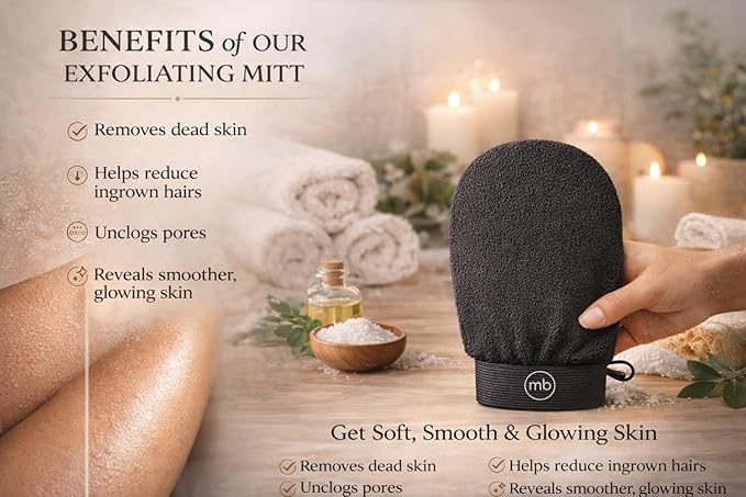 Korean Exfoliating Mitt Glove – Dead Skin Remover for Body, Moroccan Kessa Scrub, Strawberry Skin & KP Treatment, Deep Exfoliating Bath Glove for Smooth Skin (Black)