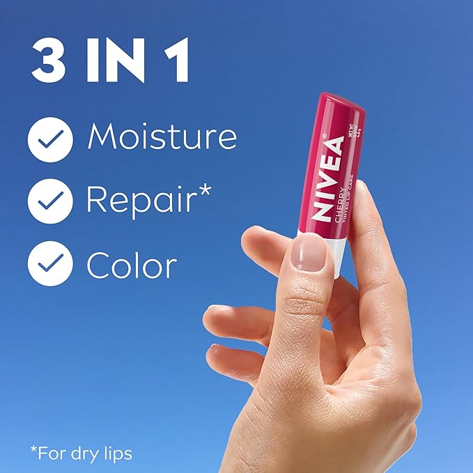 NIVEA Cherry Lip Care,Ruby Tinted Lip Balm Pack with Shea Butter,Nourishing Oils and Vitamin C & E,3-in-1 Moisture,Repair and Color,0.17 Oz Stick,(Pack of 8)