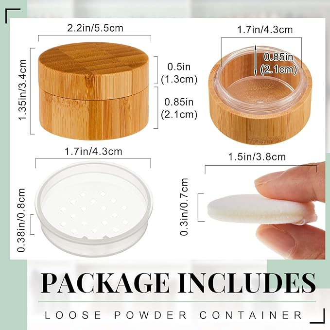 Frienda 10 ml Bamboo Loose Powder Puff and Container Empty Dusting Powder Jar for Body Face Makeup Travel Box Compact Case Holder with Sifter Lids and Puff