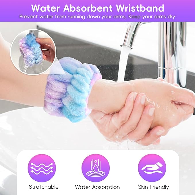 my novel things Facial Cleansing Brush, Headband for Washing Face with Silicone Double Side Manual Face Scrubber Brush, Skincare Headband and Wristband Set, 2 Hair Scrunchie, for Makeup Rainbow