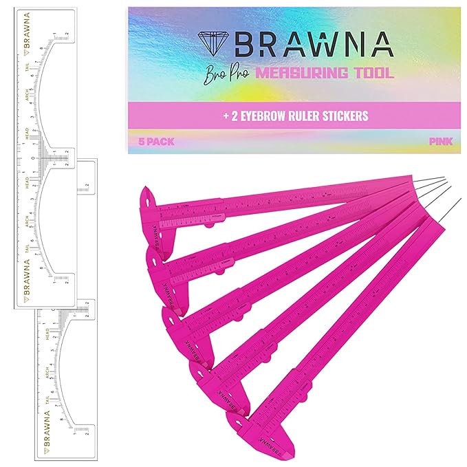 BRAWNA 5 Pcs Brow Pro Measuring Tool with 2 Eyebrow Ruler Stickers - Double Scale Eyebrow Ruler for Microblading, Brow & Makeup Artists - Eyebrow Calipers Ruler Plastic- Pink
