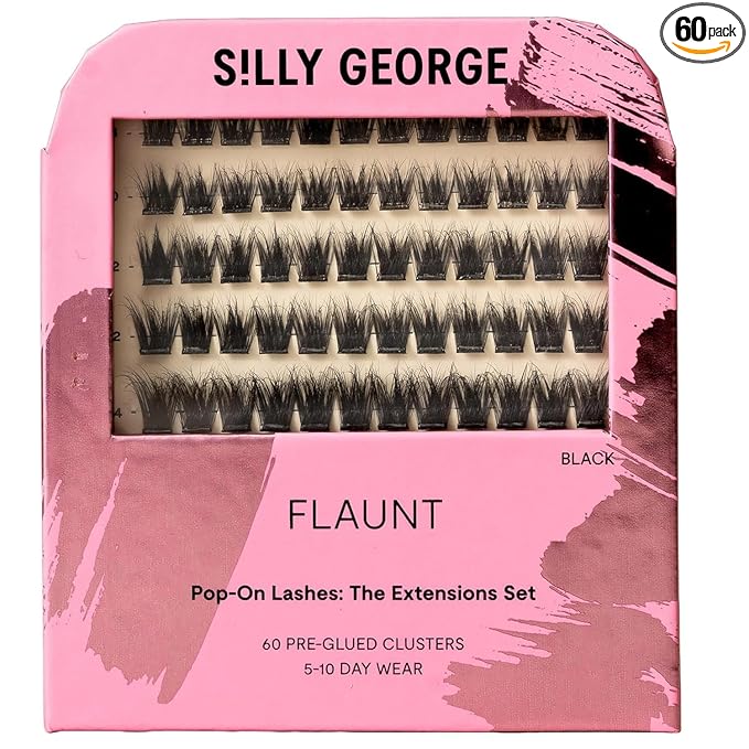 Silly George Pop-On Lashes - DIY 1-Step Pre-Glued Faux Eyelash Clusters, Natural Look Extensions, Black - Flaunt, 5-7 Pair Set, Pack of 60 Clusters