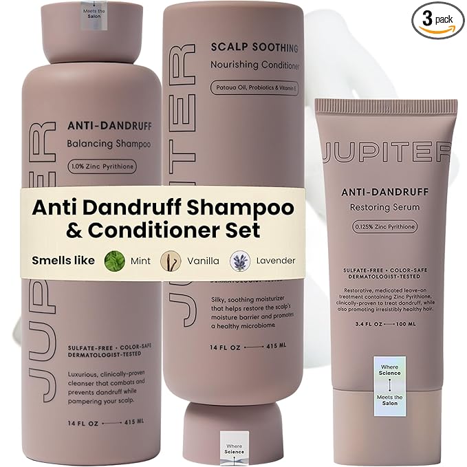 Jupiter Anti Dandruff Shampoo, Conditioner & Serum for Flaky, Itchy, Oily & Dry Scalp - Nourishes Scalp, Reduces Breakage & Flakes - Color-Safe, Sulfate-Free, Paraben-Free