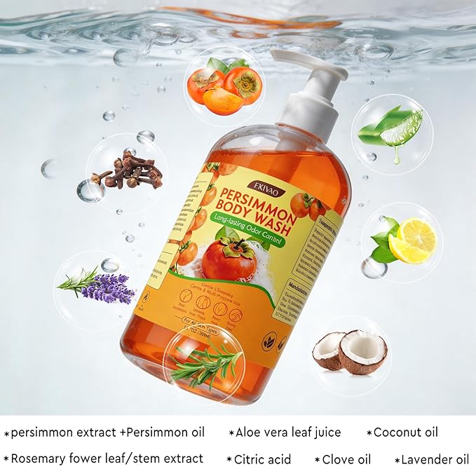 Persimmon Body Wash for Odor Control, Natural Deodorizing Persimmon Soap for Old People Smell, Deep Cleansing Odor Eliminator with Tea Tree, Family Safe Body Wash 16.7 Fl Oz
