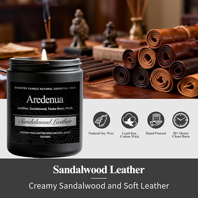 Sandalwood Leather Candle, Manly Candles for Home Scented, Masculine Aromatherapy Gifts for Men - 7oz Soy Candle, 50 Hours Burn Time, Perfect for Relaxing Home Fragrance