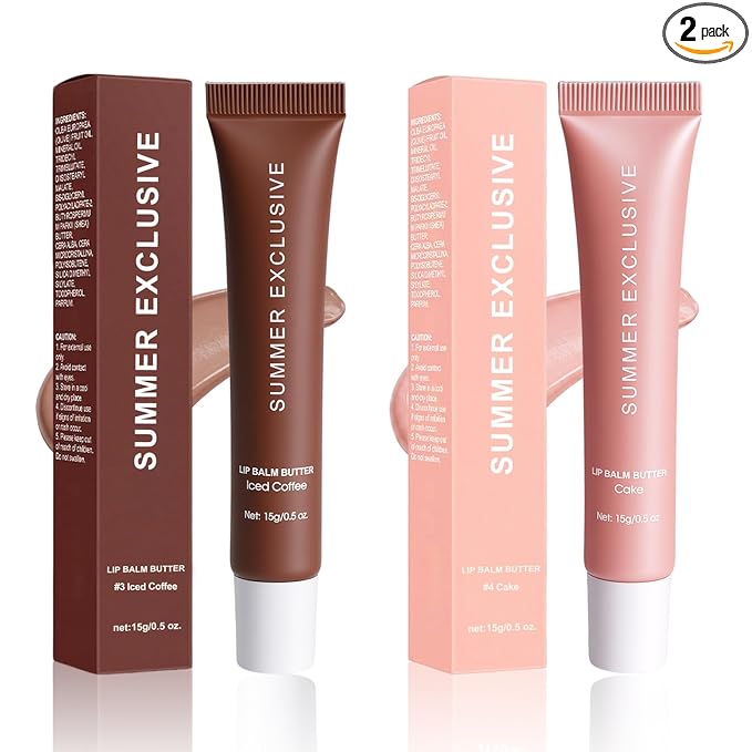 Summer Butter Lip Balm, Hydrating Plumping Clear Serum, Natural Glow Non-Sticky Transfer-Proof, Nourishing for Dry Lips, Women-Focused Lip Care with Shea Butter (#Iced Coffee & Cake, 2Pcs)