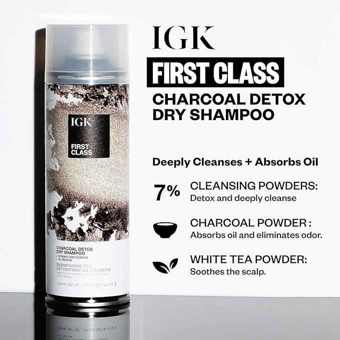 IGK First Class Charcoal Detox Dry Shampoo Jumbo | Deep Cleansing For Oily Hair & Odor Absorbing | Adds Volume & Texture | For All Hair Types | 11 oz (Pack of 2)