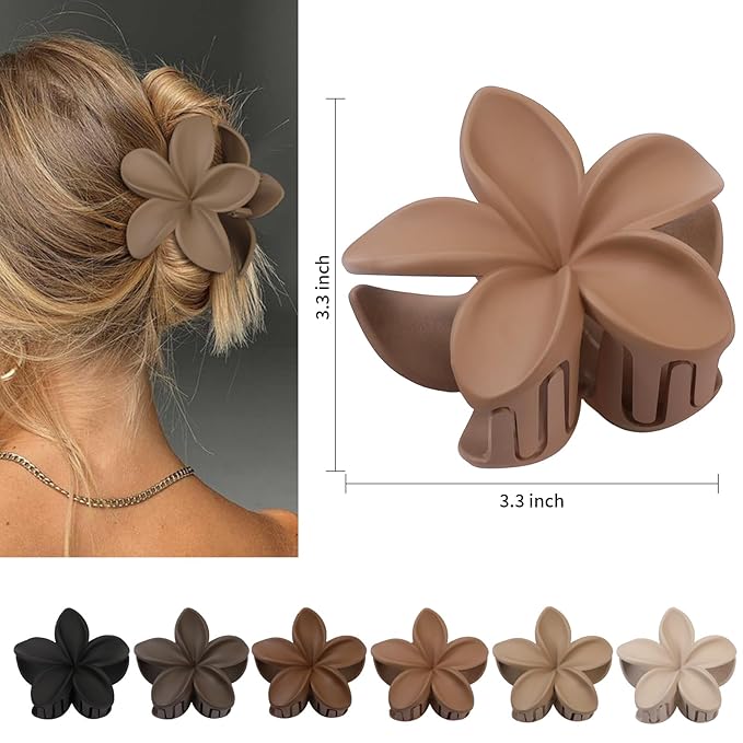 CHANDAT Flower Hair Clips 6 PCS Hawaiian Claw Clips for Vacation Hibiscus Hair Claw Cute Large Hair Clips for Thick and Thin Hair Plumeria Hair Accessories for Women Girls -Coffee