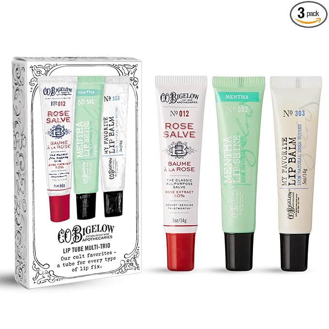 C.O. Bigelow Assorted Lip Balm Tubes Trio, Rose Salve, My Favorite Lip Balm, & Mentha Shine, Pack of 3 Lip Care Set, 0.5 oz