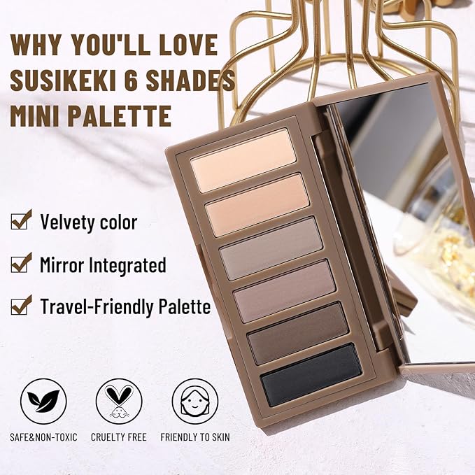 SUSIKEKI 6 Colors Mini Eyeshadow Makeup Palette Neutral Nude Smoky Eye Shadow Taupe & Brown Matte Make Up Pallet with Mirror Highly Pigmented Long Lasting Waterproof Travel Size Gift Kit 01