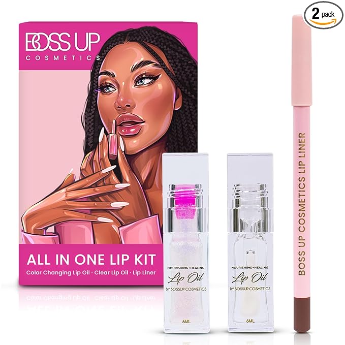 BossUp Cosmetics All-In-One Lip Kit | Light Tan Lip Liner and Lip Oil Set with Clear and Color Changing Lip Oils | Complete Lip Makeup Kit for Women