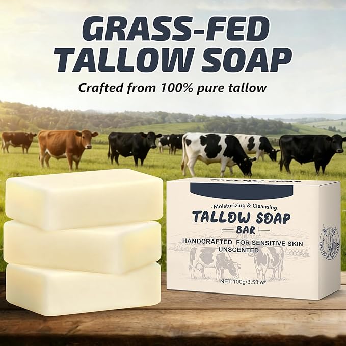 Beef Tallow Soap Bar, Natural Grass Fed Tallow Soap for Face Body Hand, Deep Cleansing, Moisturizing Facial Cleanser Body Wash, Organic Bath Soap Great for Dry, Itchy, Sensitive Skin - 3 Pack