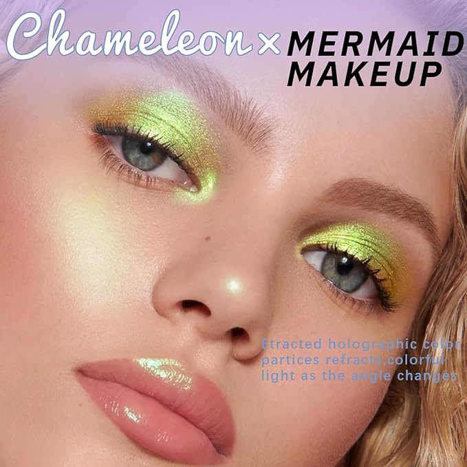 Noerrors Yellow Green Holographic Duochrome Glitter Eyeshadow, Multichrome Rich Color Shimmer Metallic Eyeshadow for Blue Green Eyes, Satin Shiny Iridescent Mermaid Eye Makeup Palette Rave Accessories