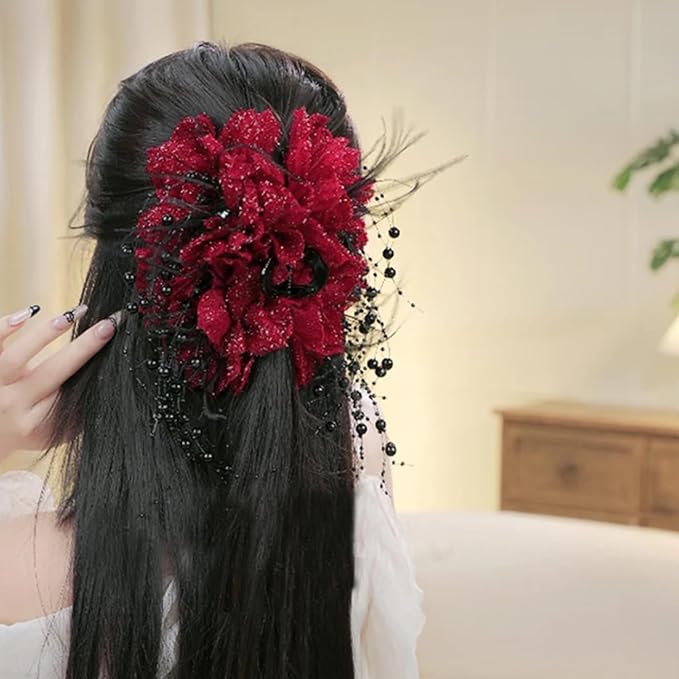 1pc Large Floral Bow Hair Claw Clips with Beads Tassels Red Flower Hair Claw Clip Hair Jaw Clip Hair Accessories for Women Girls Wedding Party Daily Wearing