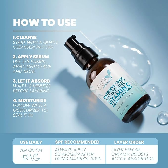 Eva Naturals Matrixyl 3000 & Argireline Peptide Serum for Face – Anti-Aging Collagen Booster with Vitamin C & Hyaluronic Acid – Reduces Appearance of Fine Lines, Smooths, Hydrates & Firms - 2 Fl Oz