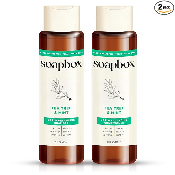 Soapbox Tea Tree Oil & Mint Shampoo & Conditioner Set, Leaves Hair & Scalp Balanced & Soothed - Clean Ingredients Free of Harsh Chemicals, Sulfates, Parabens & Silicones - 16 oz Each