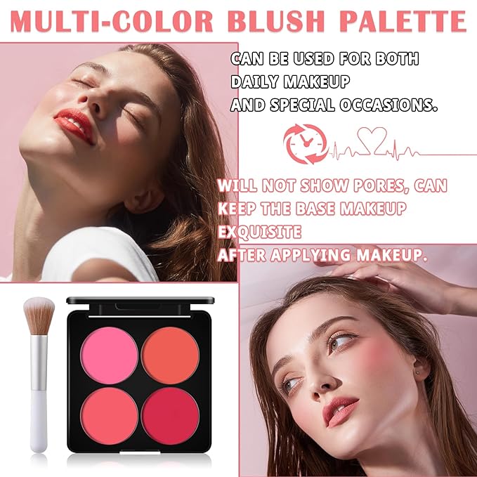 4 Colors Blush Palette for Cheeks with Make Up Brush,Face Matte Contour Blush Makeup Palette,Buildable Shimmer Facial Cheek Blusher Shades,Blendable Cosmetic Makeup Blush
