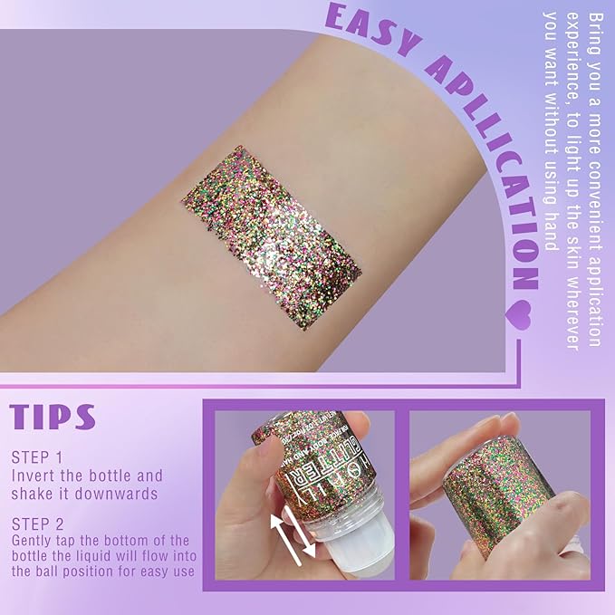 HOSAILY Roll-on Gold Green Purple Body Glitter Gel for Face Hair, Mardi Gras Face Paint Glitter Mermaid Makeup, Sparkling Chunky Sequins Festival Carnival St Patricks Day Party Rave Accessories