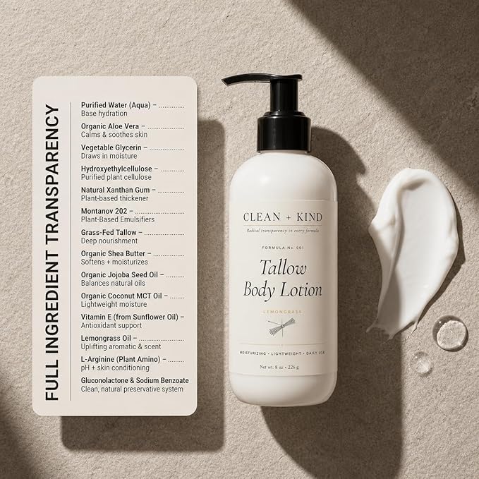 Lemongrass Whipped Tallow Body Lotion — Hydrating Non-Toxic Natural Body Moisturizer & Cream, Grass-Fed Beef, Organic Shea, Jojoba, Coconut MCT & Aloe for Dry Sensitive Skin (8 oz)