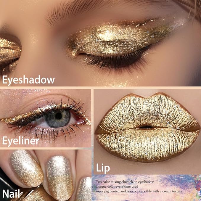 Multichrome Shimmer Eyeshadow, Intense Pigmentation Gold Silver Chameleon Sparkling Eyeshadow, Bright Highlighter Duochrome Eye Make Up, Multi-Reflective Finishes Glitter Metallic Shade, Talc Free, 08