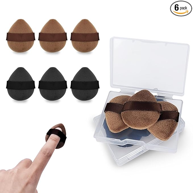 6pcs Mini Powder Puffs, Velvet Finger Powder Puffs with Travel Case, Reusable Makeup Puffs for Rouge/Highlight/Shadow, Create Natural & Delicate Look, Loose Powder Body Puffs (Black+Brown)