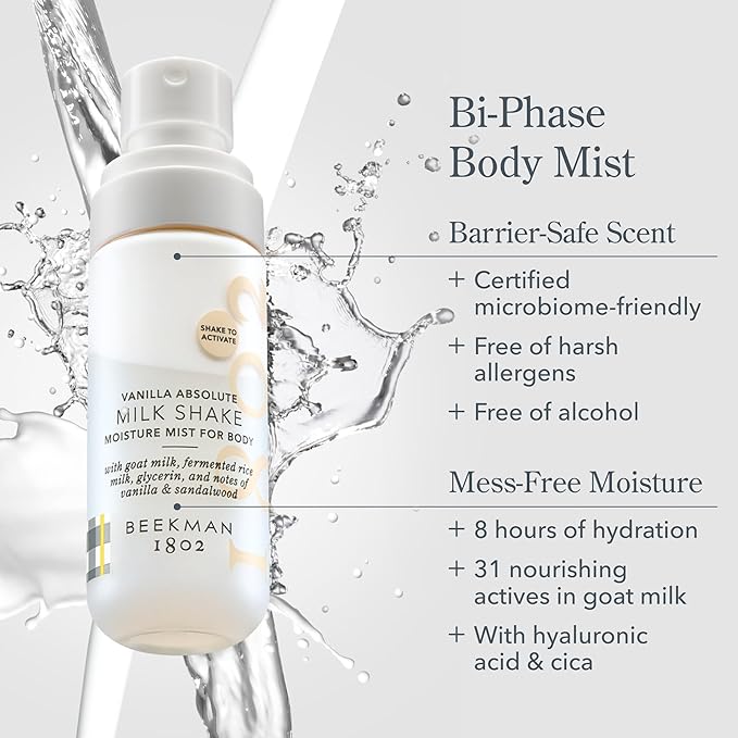 Beekman 1802 Milk Shake Hydrating Body Mist – Alcohol-Free Moisture with Goat Milk, Hyaluronic Acid & Squalane, Lightweight Skin Softening Spray for Sensitive Skin – Vanilla Absolute, 4.7 Fl Oz