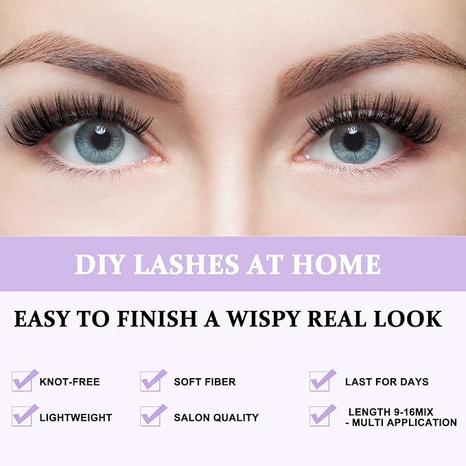 B&Q Lash Clusters 280PCS Natural Eyelash Clusters 40D 50D D 9-16 Individual Lash Wispy Eyelash Extension with Soft Thin Band Classic Look Pestañas Postizas Comfortable DIY at Home(40D+50D-D-9-16MIX)