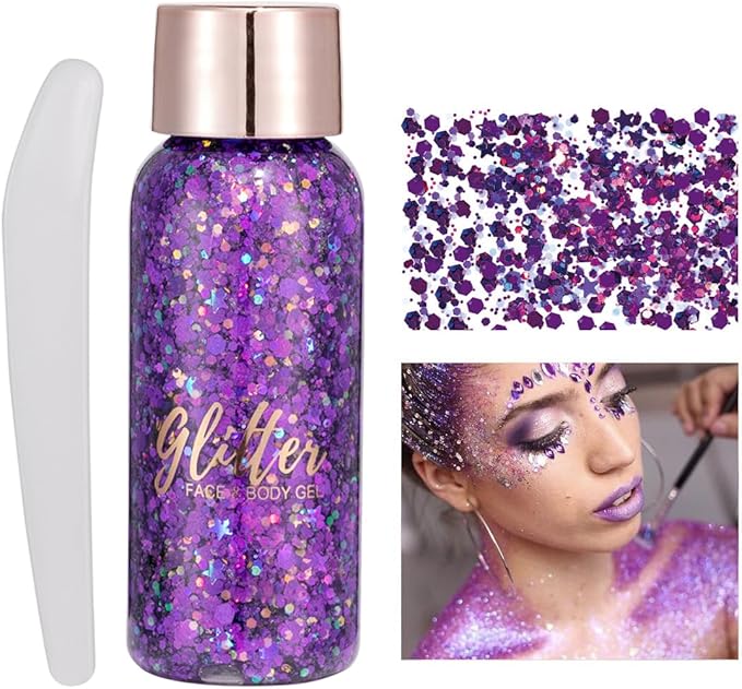 Mermaid Sequins Chunky Glitter Liquid Eyeshadow Glitter Body Gel Festival Glitter Cosmetic Face Hair Nails Makeup Long Lasting Sparkling 30g (#108 Dark Purple)
