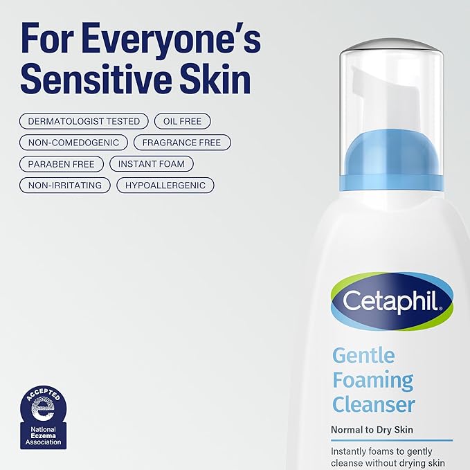 Cetaphil Oil Free Gentle Foaming Cleanser For Dry to Normal, Sensitive Skin, Made with Glycerin and Vitamins B5 and E, Dermatologist Tested, Hypoallergenic, Soap Free, Fragrance Free, 8oz