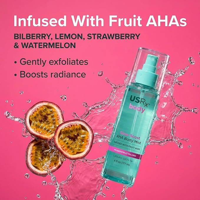 Urban Skin Rx Glow Boost AHA Body Mist, Helps Smooth, Gently Exfoliate, and Boost Radiance, Mood-Boosting Scent, Hydrate, Soothe, and Refresh, Non-Greasy, Fast-Absorbing, Passionfruit Paloma, 6 Fl Oz