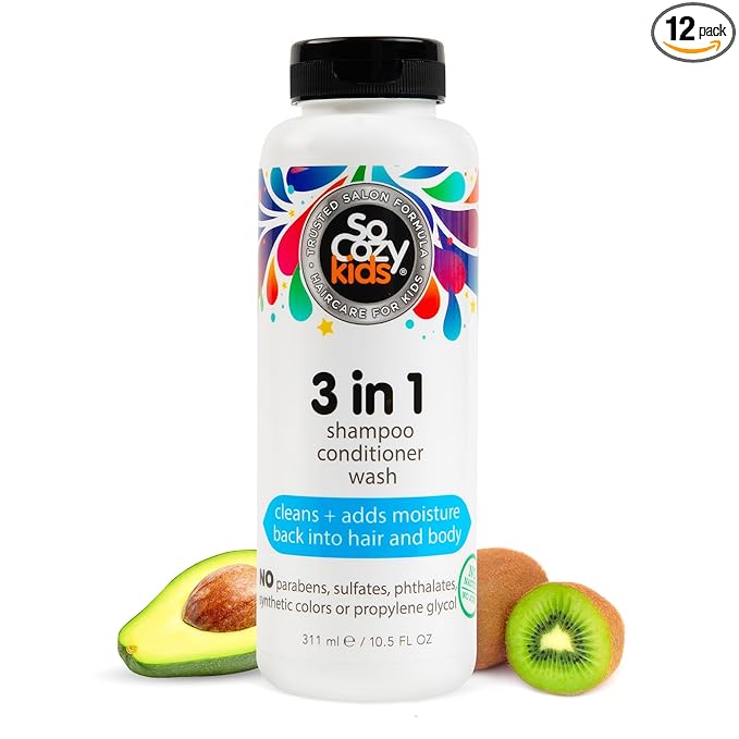 SO COZY Kids 3-in-1 Shampoo, Conditioner & Body Wash - All in 1 Shower & Bath Shampoo, Conditioner & Soap Combo - Cleanses & Moisturizes w/No Parabens, Sulfates, Synthetic Colors or Dyes (10.5 fl oz)