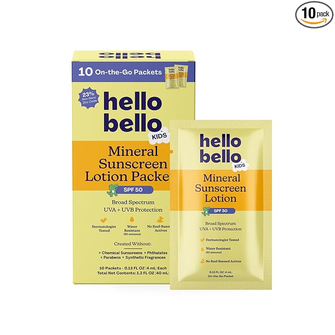 Hello Bello Kids SPF 50 Mineral Sunscreen Lotion - 10 Count Travel Packets - Water Resistant Broad Spectrum UVA + UVB Sun Protection