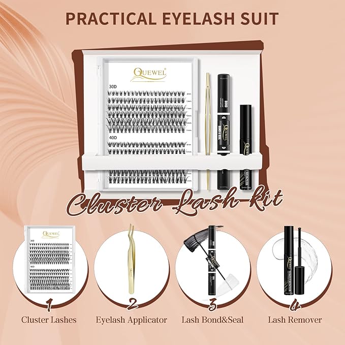 QUEWEL DIY Eyelash Extensions Kit, Lash Clusters 240 Pcs, Applicator Tool, Bond and Seal Super Hold, Glue Remover Easy to Apply at Home(30D+40D D MIX8-14)
