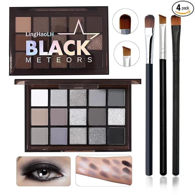 Black Grey Smoky Eyeshadow Palette,15 Colors Matte Shimmer Pigmented Eye Shadow Makeup Palette Set with 3 Eyeshadow Brushes,Glitter Eye Shadow Palette for Daily Halloween Goth Makeup(A)