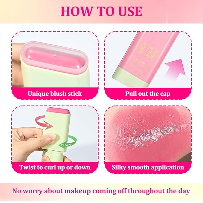 3PCS Blush Stick for Cheeks,Multi-use Solid Matte Makeup Stick Blush Cream for Cheek Eyes and Lips Tint,Moisturizing Tinted Cream Blush,Natural Blendable Cheek Blusher with 3 Makeup Sponges